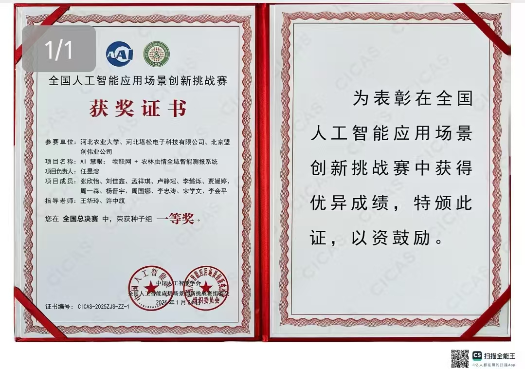全国人工智能应用场景创新挑战赛一等奖证书